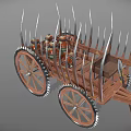 Ancient War Chariot Featuring Wooden Structure Spikes Large Wheels And Jars