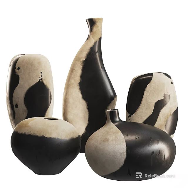 Black And White Ceramic Vessels With Abstract Patterns And Unique Artistic Shapes 3d model 