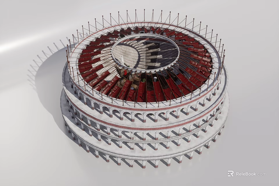 Circular Stadium Architecture With Multi Tiered Structure Red Seating White Exterior And Radial Top Design 3d model 