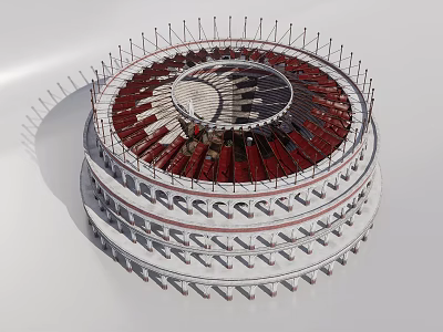 Circular Stadium Architecture With Multi Tiered Structure Red Seating White Exterior And Radial Top Design 3d model