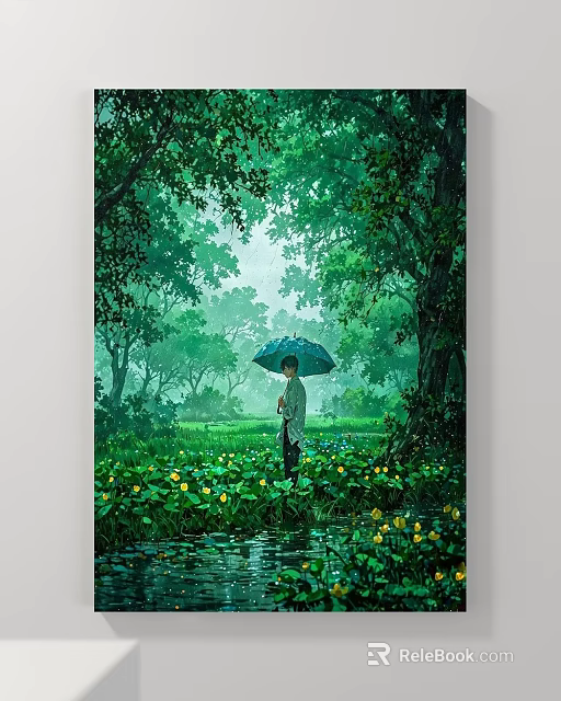 Serene Landscape Painting with Misty Green Forest Person Holding Blue Umbrella and Yellow Flowers 3d model 