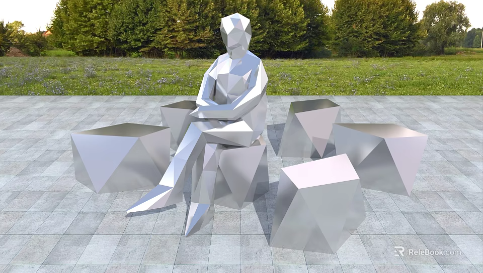 Outdoor Landscape Sculpture Featuring Seated Geometric Human Figure Metallic Cubes Grass And Trees 3d model 