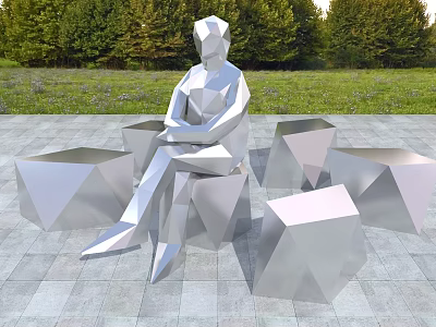 Outdoor Landscape Sculpture Featuring Seated Geometric Human Figure Metallic Cubes Grass And Trees 3d model
