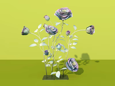 Decorative Floral Display With Purple Roses Green Stems And Leaves On Green Background 3d model