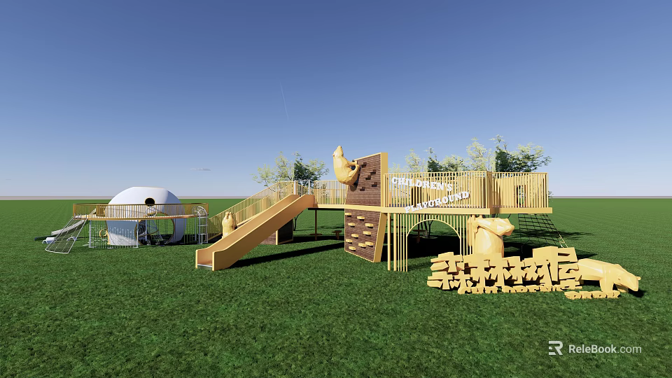Outdoor Garden Landscape With Children's Play Area Wooden Slide Climbing Structure Trees And Green Lawn 3d model 