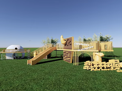 Outdoor Garden Landscape With Children's Play Area Wooden Slide Climbing Structure Trees And Green Lawn 3d model
