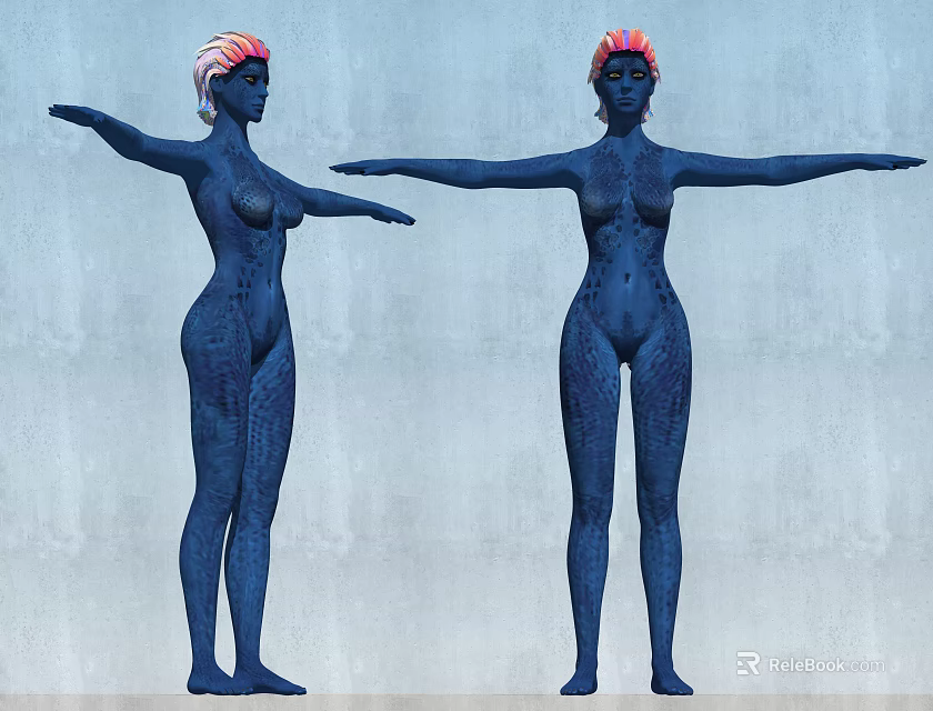 Two Women With Blue Skin Tattoos And Pink Orange Hair Arms Outstretched Against Gray Background 3d model 