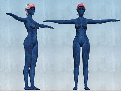 Two Women With Blue Skin Tattoos And Pink Orange Hair Arms Outstretched Against Gray Background 3d model