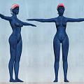 Two Women With Blue Skin Tattoos And Pink Orange Hair Arms Outstretched Against Gray Background