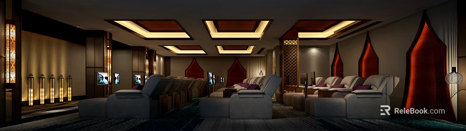 Luxurious SPA Sauna Interior With Comfortable Lounge Chairs And Wooden Ceiling Lighting 3d model 