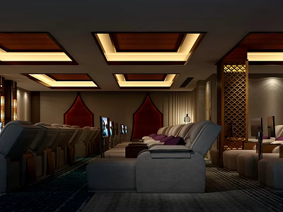 Luxurious SPA Sauna Interior With Comfortable Lounge Chairs And Wooden Ceiling Lighting 3d model