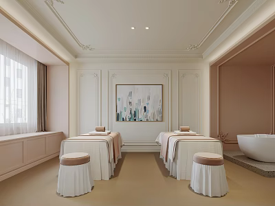 Modern Elegant SPA Sauna Room With Massage Beds Stools Abstract Painting Window And Bathtub 3d model