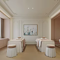 Modern Elegant SPA Sauna Room With Massage Beds Stools Abstract Painting Window And Bathtub