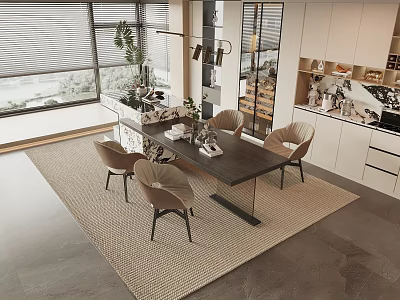 Modern Dining Table Set With Beige Chairs Area Rug Pendant Lighting And Plants 3d model