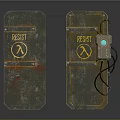 Rusty Metal Doors With RESIST Sign Yellow Symbol Green Button And Wires