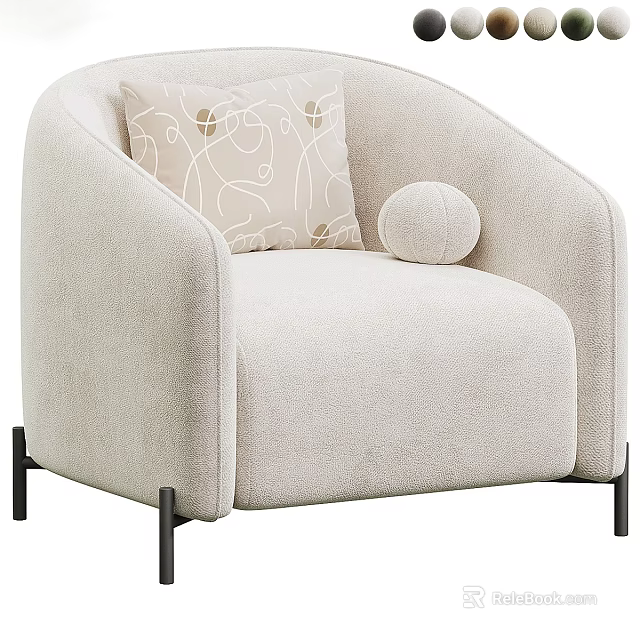 Beige Single Seater Sofa With Cozy Fabric Patterned Pillow Round Ball Decor And Black Legs 3d model 