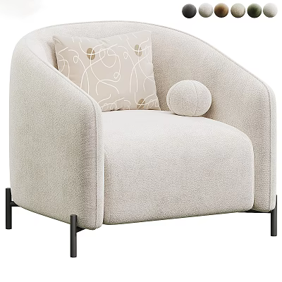 Beige Single Seater Sofa With Cozy Fabric Patterned Pillow Round Ball Decor And Black Legs 3d model