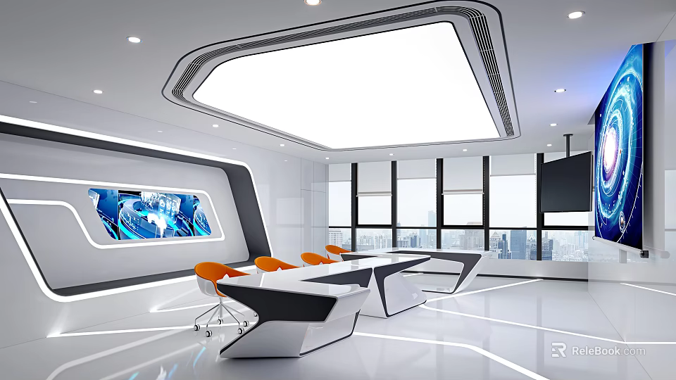 Modern Office Meeting Room With Large Windows City View Orange Chairs And Long Table 3d model 