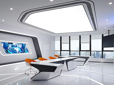 Modern Office Meeting Room With Large Windows City View Orange Chairs And Long Table 3d model