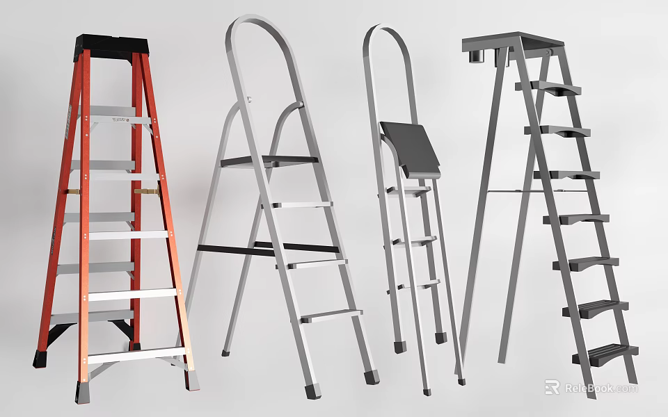 Various Metal Ladders in Red Silver and Gray with Folding and Platform Styles 3d model 