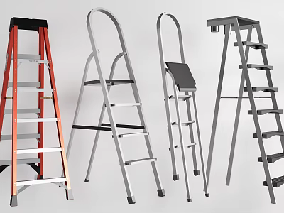 Various Metal Ladders in Red Silver and Gray with Folding and Platform Styles 3d model