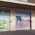 Beautiful Rural Storefront With Painted Roller Shutter Doors And Village Scenery