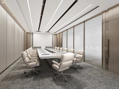 Modern Conference Room Interior With Long Table White Chairs Glass Partitions And Lighting Strips 3d model