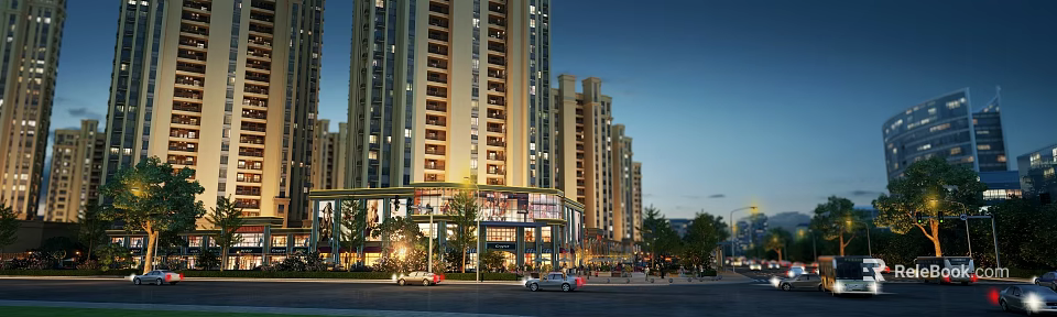 Dusk Street Scenery With Modern High Rise Residential Buildings Ground Floor Shops And Vehicles 3d model 