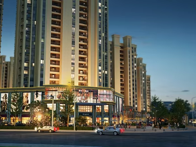 Dusk Street Scenery With Modern High Rise Residential Buildings Ground Floor Shops And Vehicles 3d model