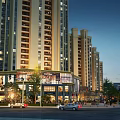 Dusk Street Scenery With Modern High Rise Residential Buildings Ground Floor Shops And Vehicles