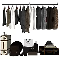 Hanging Clothes Display With Various Suits Coats And Travel Accessories Including Suitcases Bags Hat