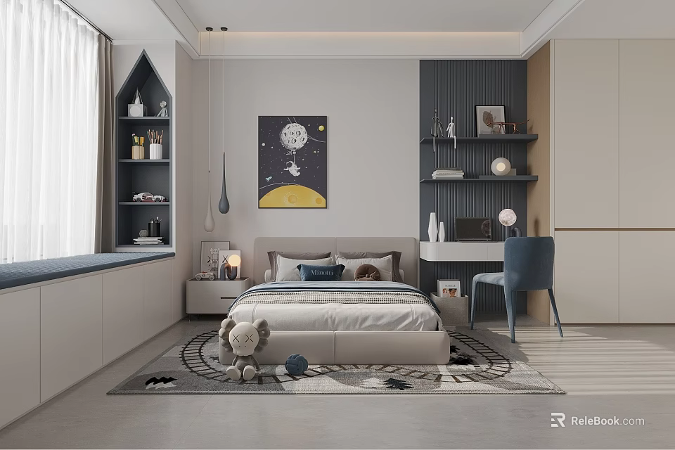 Modern Bedroom Interior Design With Bed Nightstand Painting Shelves Chair And Rug 3d model 