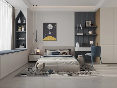 Modern Bedroom Interior Design With Bed Nightstand Painting Shelves Chair And Rug 3d model