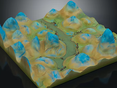 Detailed 3D Garden Landscape Model with Mountainous Terrain Winding River and Scenic Paths 3d model