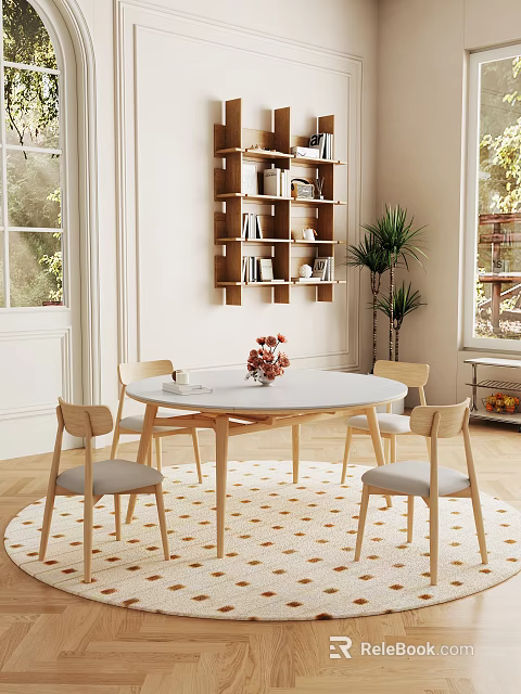 Cozy Restaurant Space With Round White Table Four Chairs Gray Cushions Wooden Shelf Green Plant 3d model 