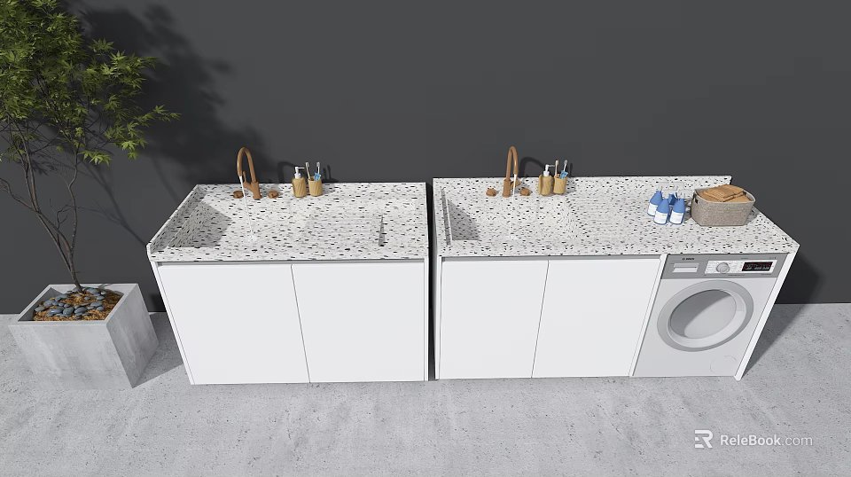 Modern Double Washbasin Vanity With White Cabinets Speckled Countertop Washing Machine And Potted Plant 3d model 