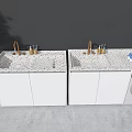 Modern Double Washbasin Vanity With White Cabinets Speckled Countertop Washing Machine And Potted Plant