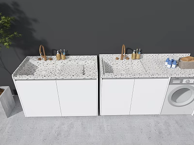 Modern Double Washbasin Vanity With White Cabinets Speckled Countertop Washing Machine And Potted Plant 3d model
