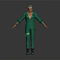 Man In Green Suit With Decorations Standing With Arms Outstretched On White Background