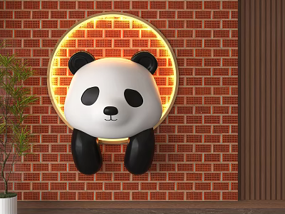Red Brick Background Wall Featuring Circular Yellow Glowing Frame Panda Head Decoration And Green Plant 3d model