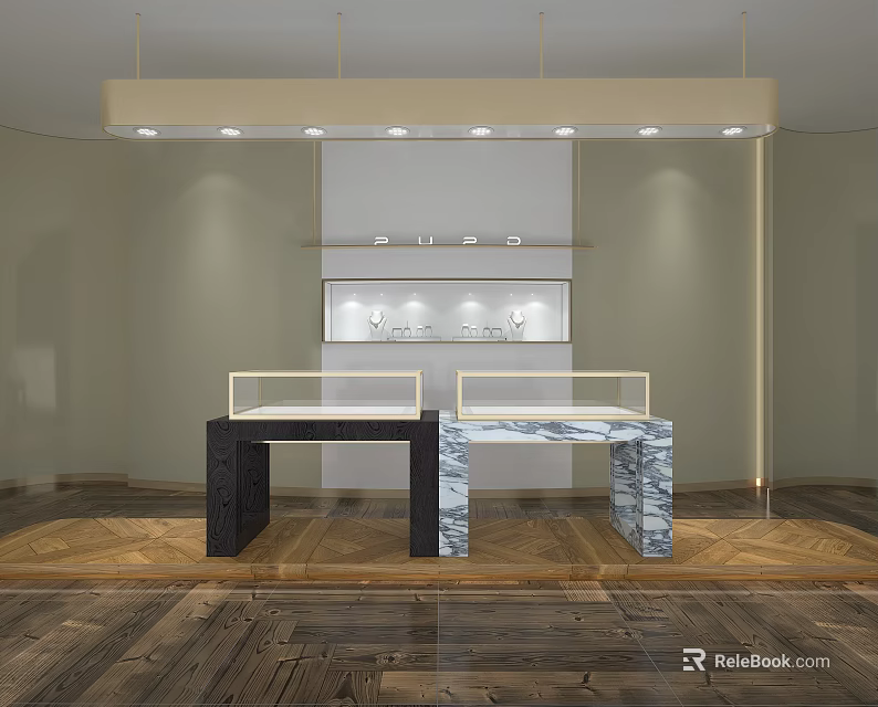Elegant Modern Jewelry Store Interior With Glass Display Cases And Ceiling Lighting 3d model 