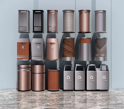 Public Facilities Waste Containers With Various Designs Metal Wood Textures And Recycling Features 3d model