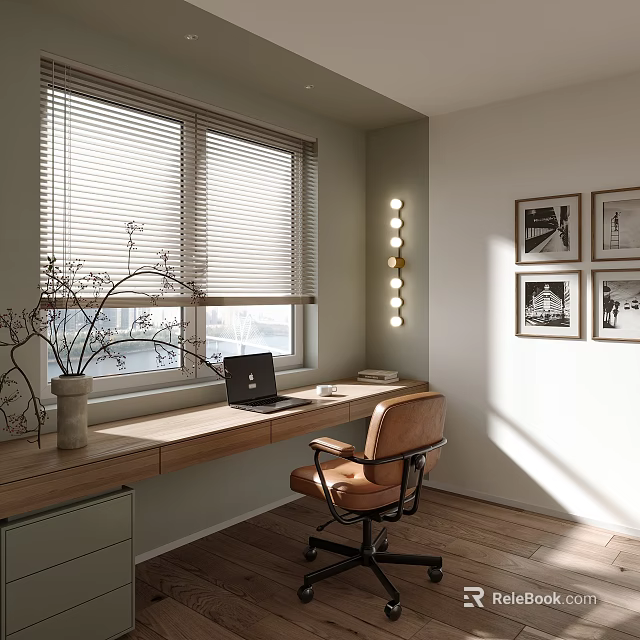 Modern Study Room Interior With Window Blinds Desk Laptop Leather Chair And Framed 3d model 