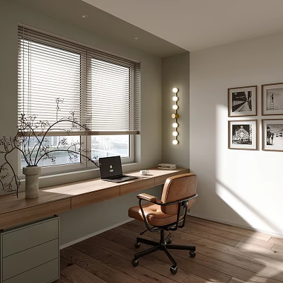 Modern Study Room Interior With Window Blinds Desk Laptop Leather Chair And Framed 3d model