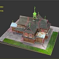 Traditional Wooden Building With Golden Dome Multiple Sloped Roofs Green Lawn And Paved Ground