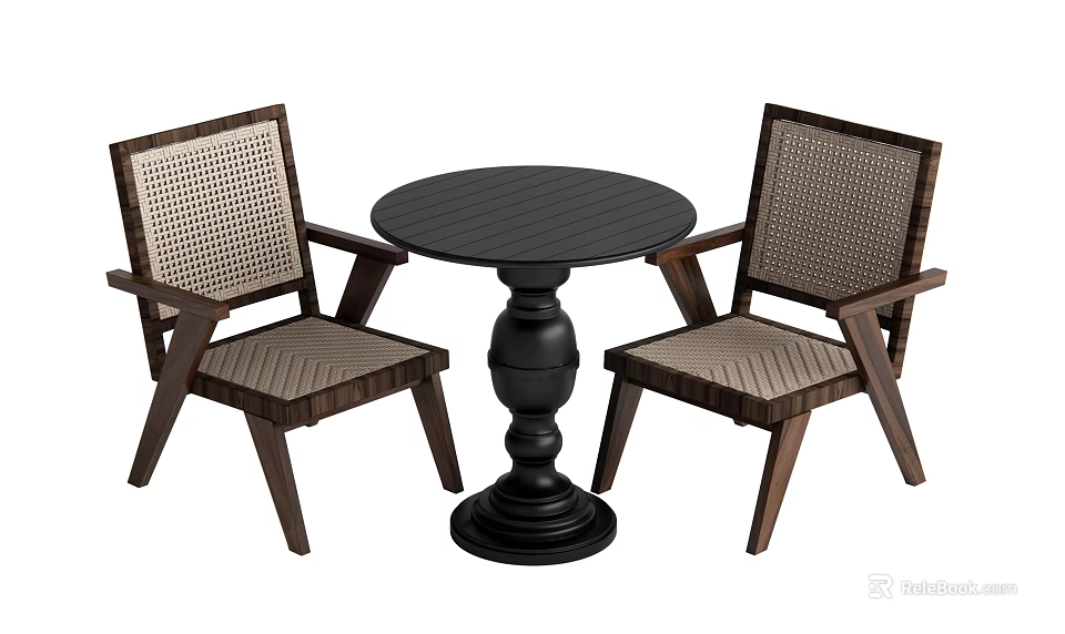 Round Black Table With Woven Back Wooden Frame Chairs Set 3d model