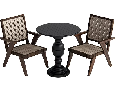 Round Black Table With Woven Back Wooden Frame Chairs Set 3d model