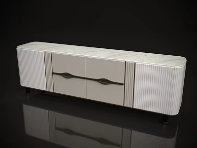 Modern Light Grey TV Stand With Marble Top Drawer And Striped Cabinet Doors 3d model