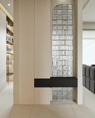 Modern Entryway Hallway Interior Design With Patterned Glass Partition And Storage Cabinets 3d model