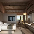 Hotel Guest Room With Wooden Ceiling Large Windows And Greenery View
